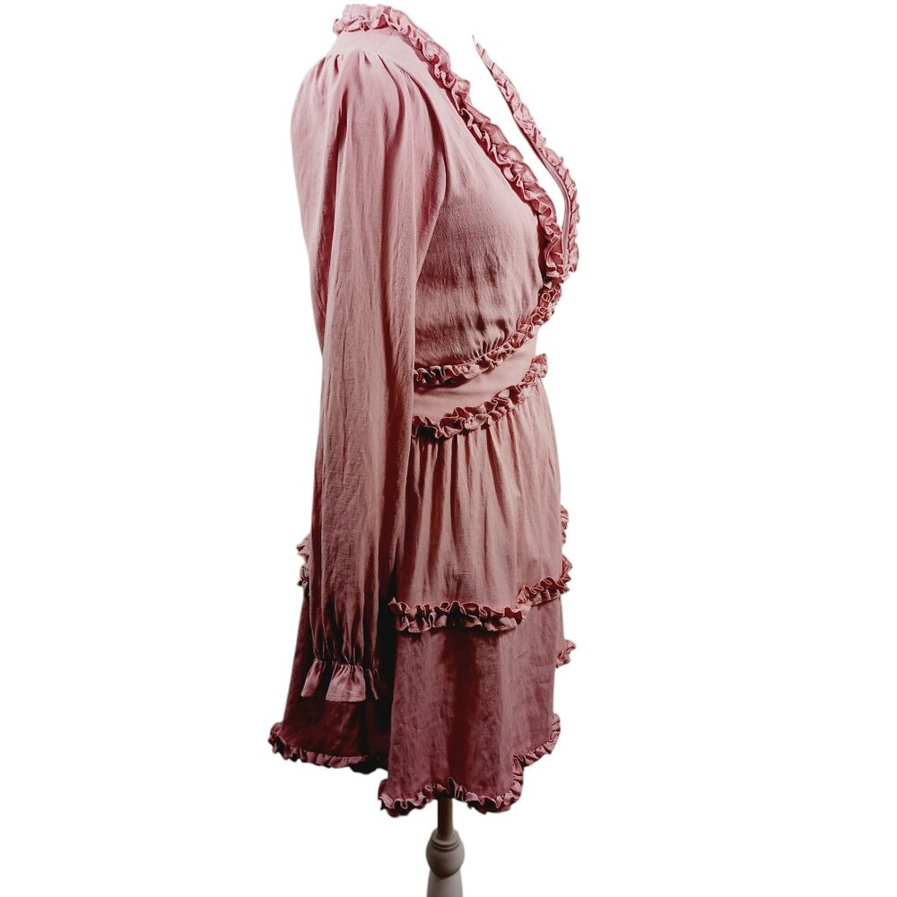 Mi Ami, Pink, Mini, Coquette Dress, Size Small. Ruffled A-line, Deep V Neckline - Picture 3 of 16